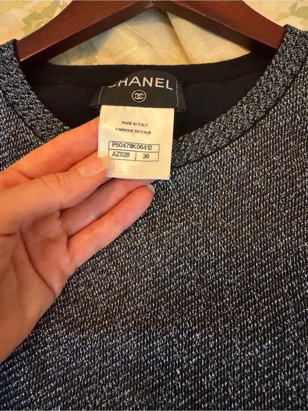 CHANEL Silver Metallic Knit drop waist pleated dress